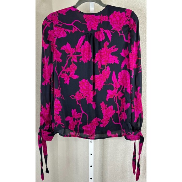 LK Bennett 100% Silk Blouse‎ Frayed Ruffle Front Top Tie Cuff Black Pink Shirt 4 - Picture 2 of 8